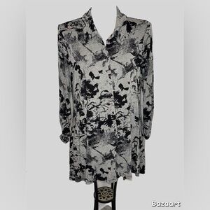 New Directions X-Large Gray/Black Tunic Shirt  High/Low Hem 3/4 Ruched Sleeve